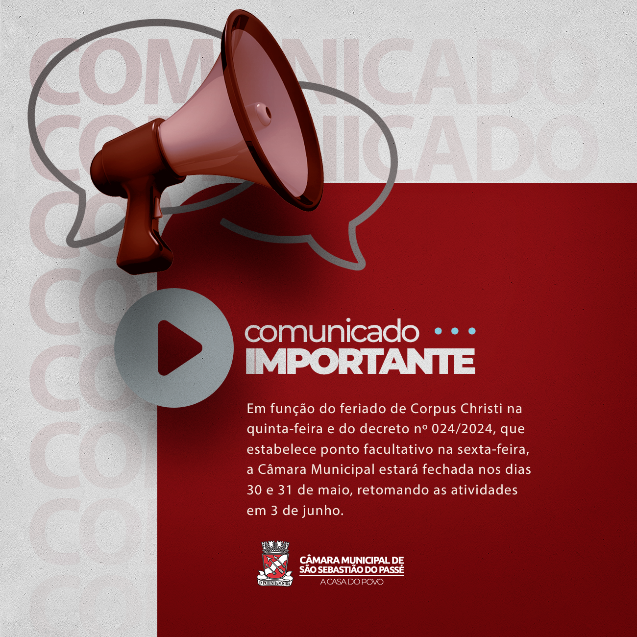 Aviso de Fechamento: Corpus Christi e Ponto Facultativo