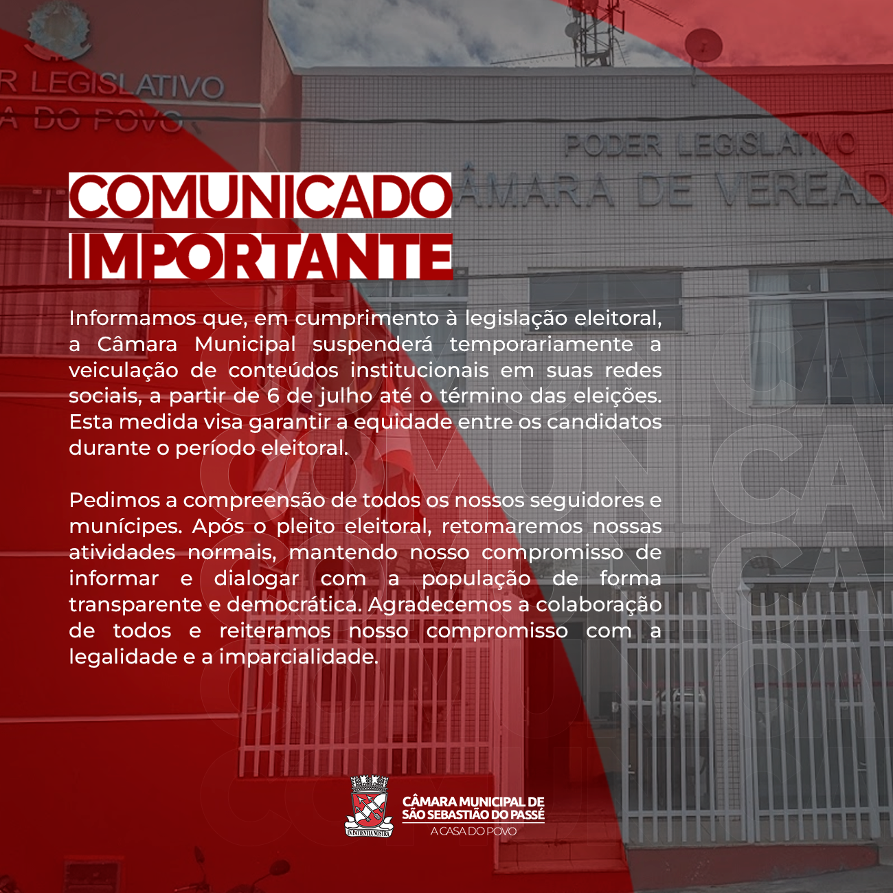 Câmara Municipal de São Sebastião do Passé Suspende Conteúdos Institucionais Durante PerÃodo Eleitoral
