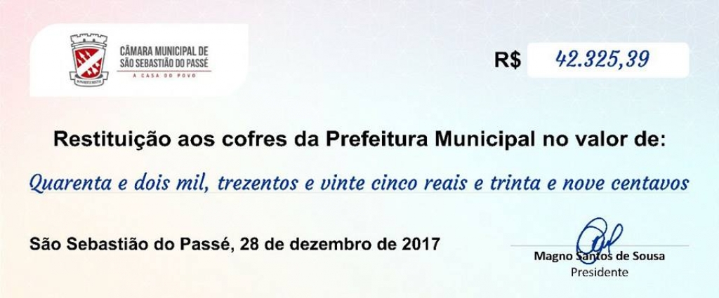 Câmara devolve dinheiro para a prefeitura