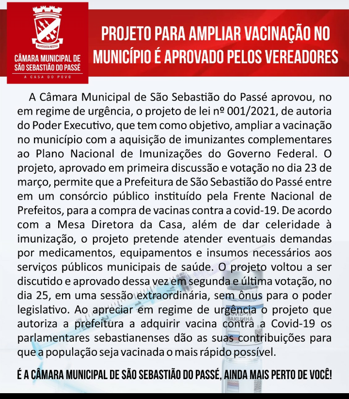 PROJETO PARA AMPLIAR VACINAÇÃO NO MUNICÍPIO É APROVADA PELOS VEREADORES